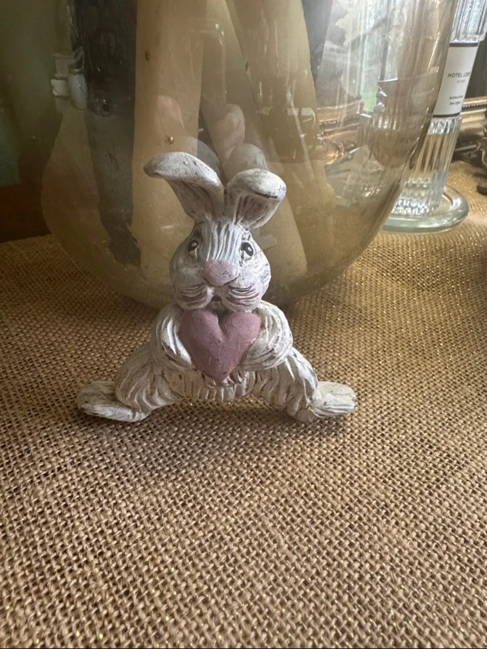 Decorative Bunny Figurine with Pink Heart Artist Signed